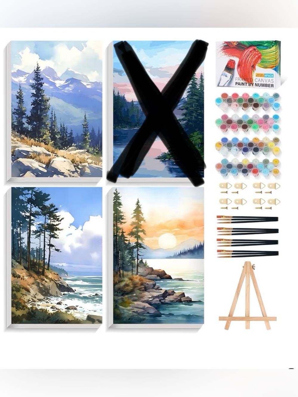 3 Landscape Paint-by-Number Kits with Easel, Brushes, and Paints